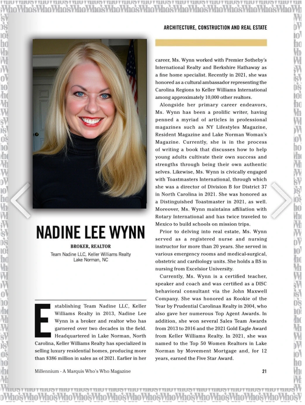 Original Millennium profile of Nadine Lee Wynn, broker and Realtor, on page 21