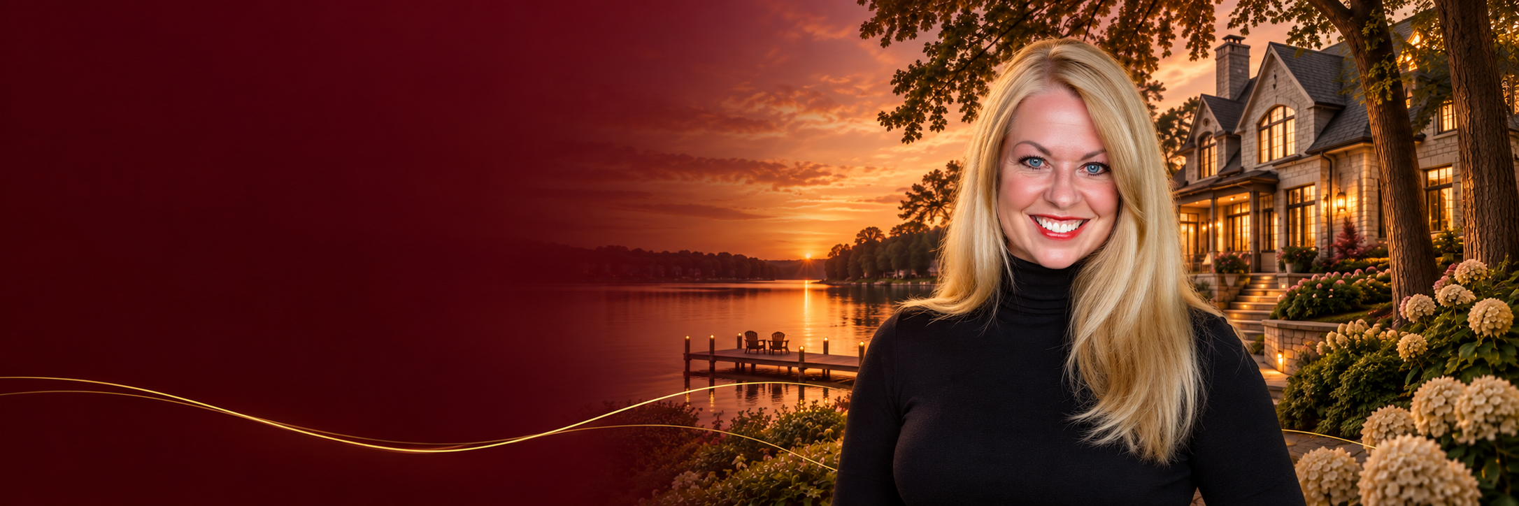 Nadine Wynn with an illustrated luxury lakefront home at sunset