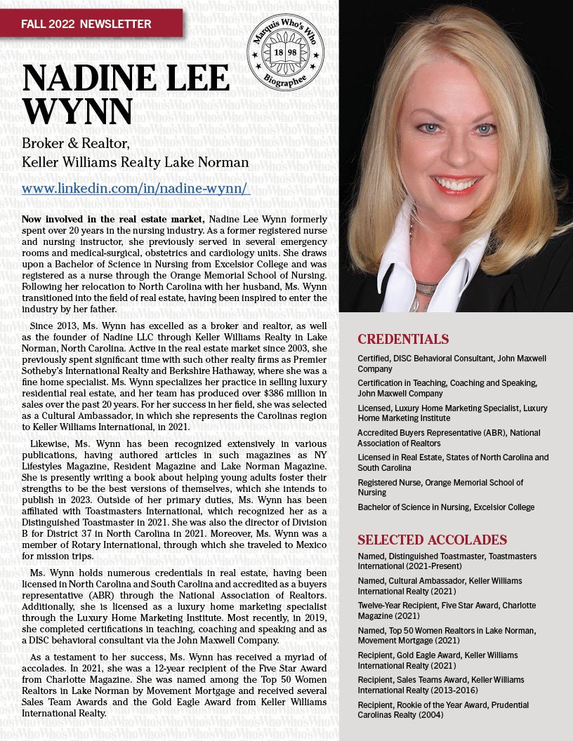 Newsletter feature spotlighting Nadine Wynn’s Lake Norman real estate success
