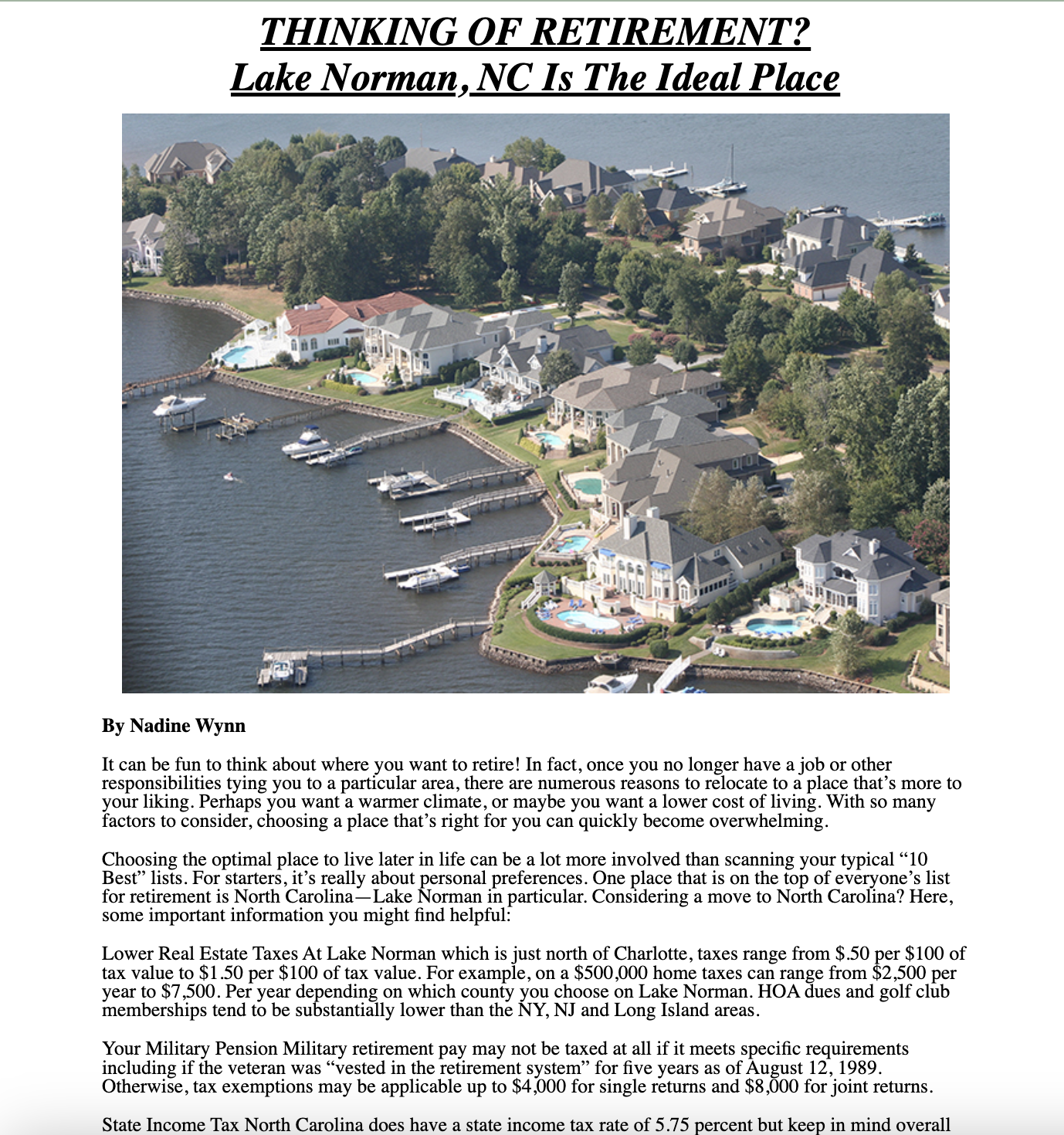 NY Lifestyles Magazine article featuring Lake Norman and Nadine Wynn