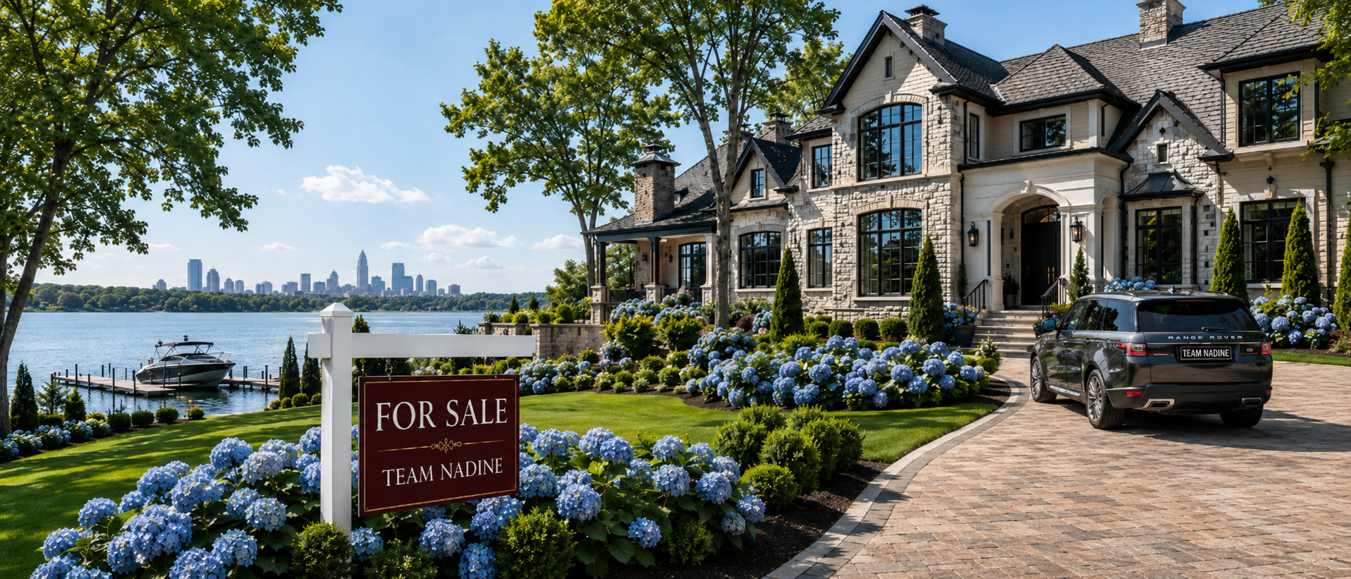 Waterfront home, landscaped gardens and a Team Nadine real estate sign